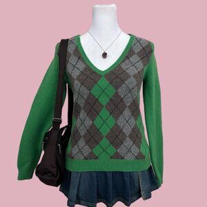 2007 green brown argyle preppy academia twee grunge wool knit sweater